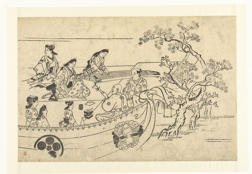 Musicerend gezelschap onder een kersenboom (1673 - 1677) by Hishikawa Moronobu