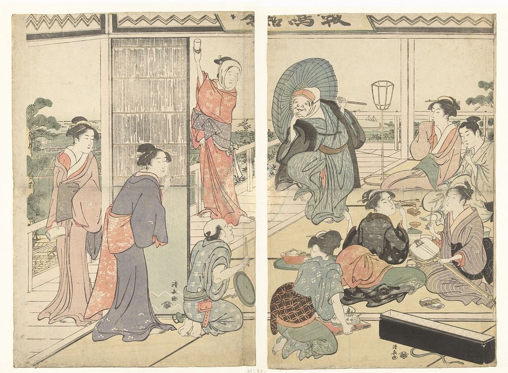 Feest in het Komeikan theehuis (1788 - 1792) by Torii Kiyonaga and Tsutaya Juzaburo Koshodo