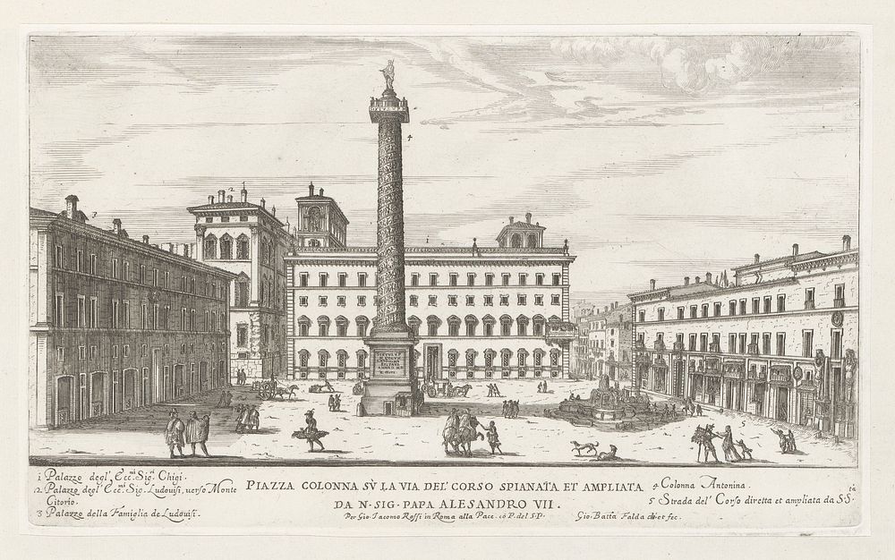 Gezicht op Piazza Colonna met de Zuil van Marcus Aurelius te Rome (1665) by Giovanni Battista Falda, Giovanni Battista…