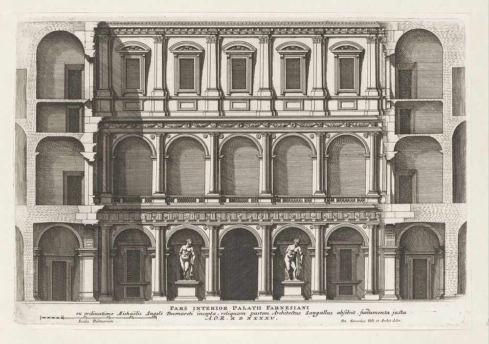 Binnenplaats van Palazzo Farnese te Rome (1655) by Giovanni Battista Falda, Pietro Ferrerio, Antonio da Sangallo II, Giacomo…