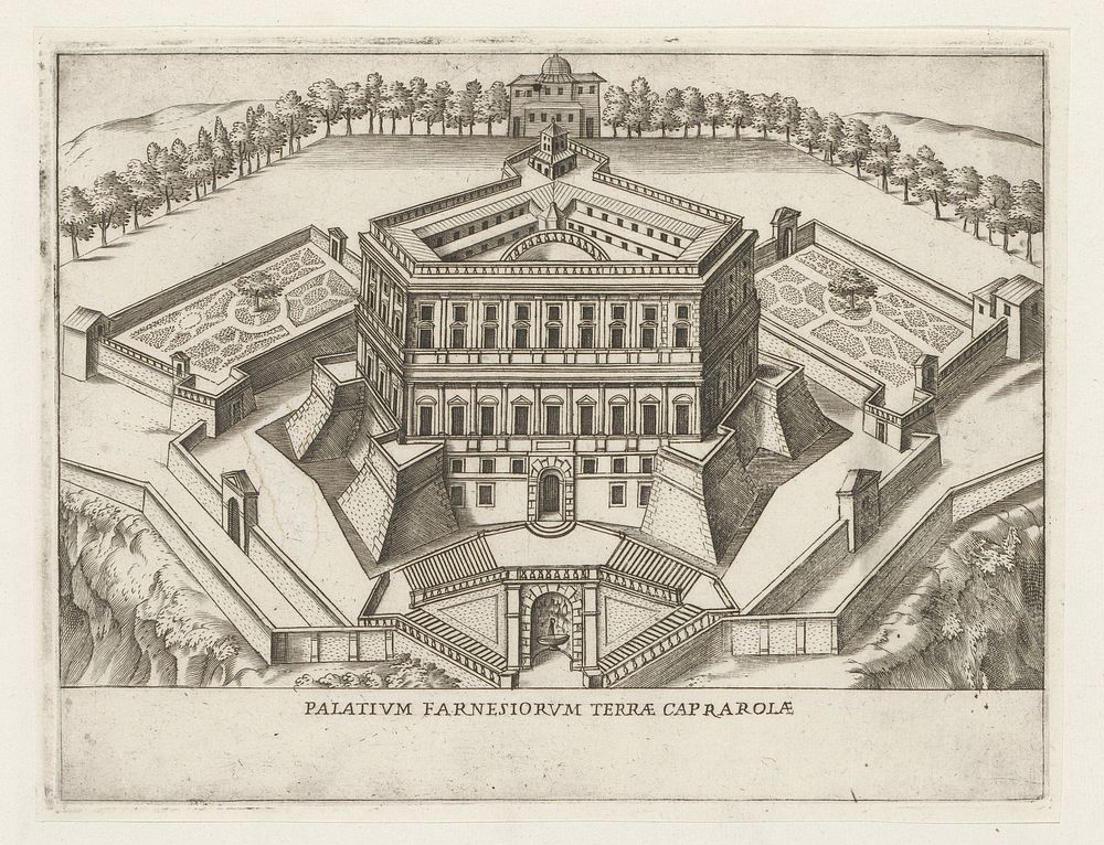 Gezicht op Villa Farnese te Caprarola (1638) by Giacomo Lauro, Giovanni Battista de Rossi and Urbanus VIII