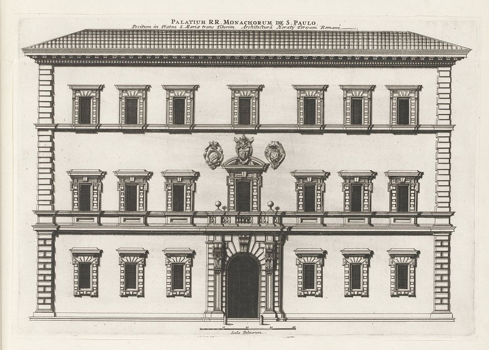 Façade van het Palazzo aan Piazza Santa Maria Trastevere te Rome (1655) by Giovanni Battista Falda, Pietro Ferrerio, Orazio…