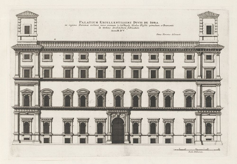 Façade van Palazzo Sora te Rome (1655) by Giovanni Battista Falda, Pietro Ferrerio, Donato Bramante and Giovanni Giacomo de…