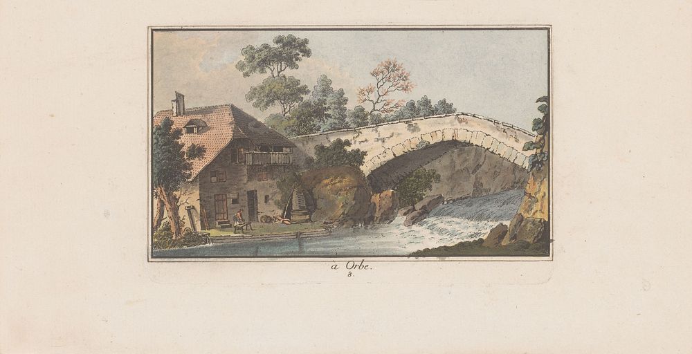 Huis naast een brug over een rivier te Orbe (1782) by Heinrich Rieter and Johann Ludwig Aberli