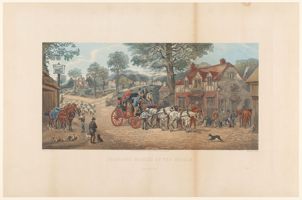Mensen en paarden in een dorpsstraat (1882) by C R Stock, Henry Alken I, G P McQueen and Stiefbold and Co