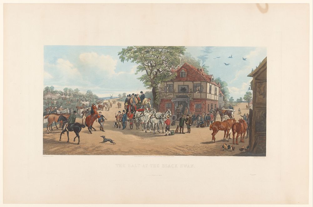 Mensen en paarden in een dorpsstraat (1882) by C R Stock, Henry Alken I, G P McQueen and Stiefbold and Co