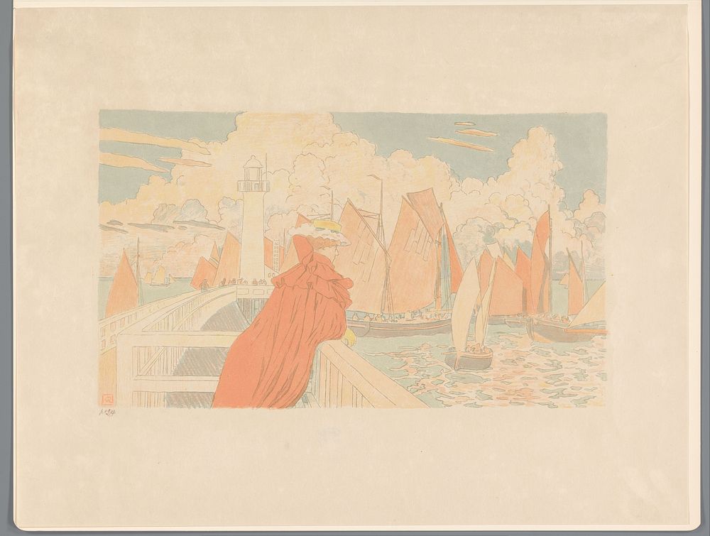 Vrouw uitkijkend over een haven (1901) by Theo Van Rysselberghe