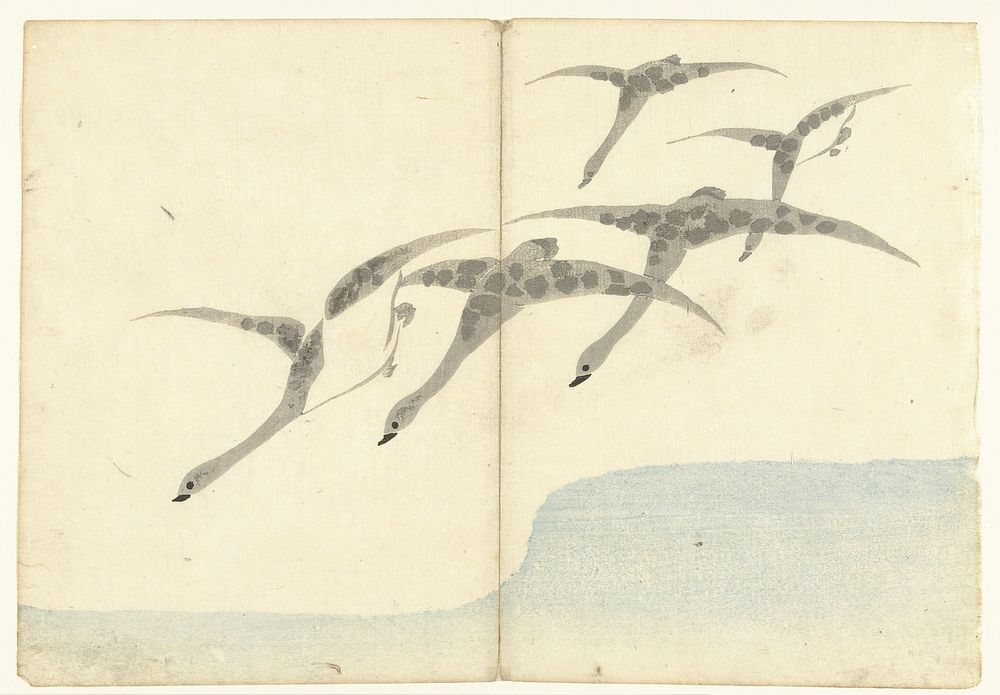 Vijf vliegende ganzen (1826) by Nakamura Hôchû, Matsuda Shinsuke, Izumiya Shojiro and Ogata Korin