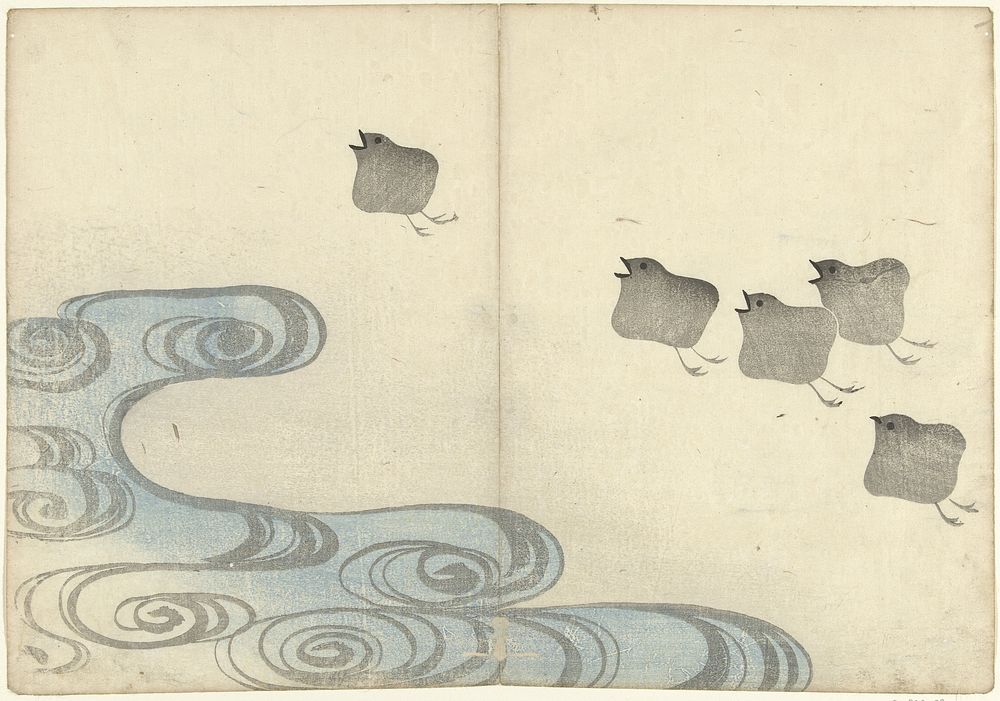 Vijf plevieren en golven (1826) by Nakamura Hôchû, Matsuda Shinsuke, Izumiya Shojiro and Ogata Korin