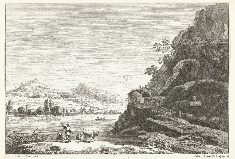 Rivierlandschap met huis tegen rots (1739 - 1740) by Giuliano Giampiccoli, Marco Ricci, Giuliano Giampiccoli and Anton Maria…