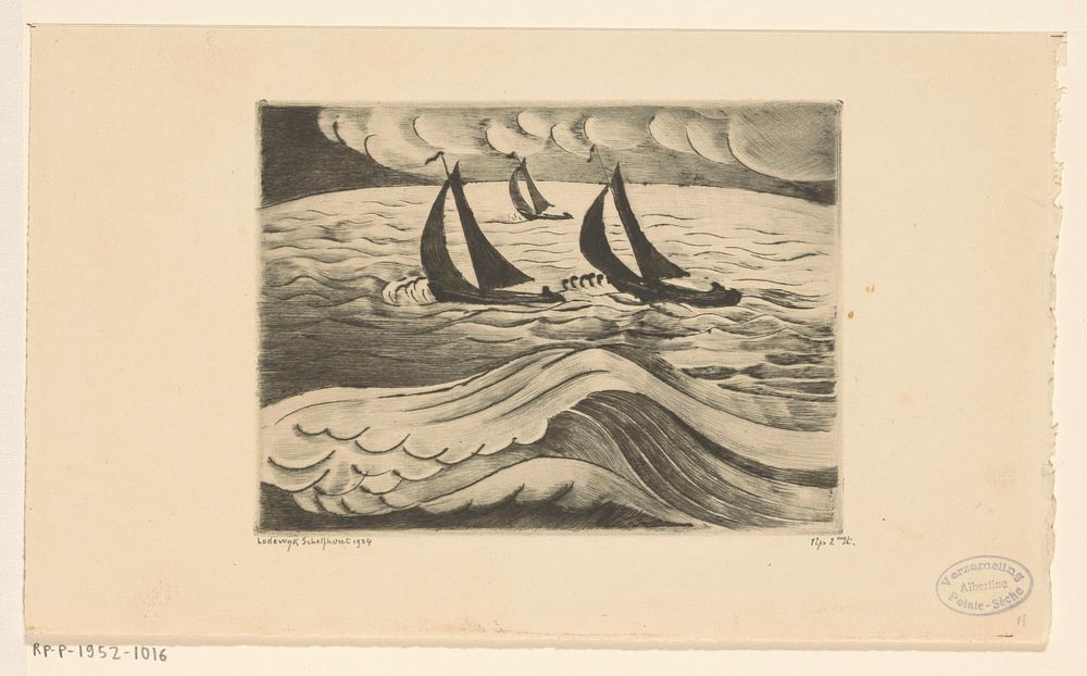Drie zeilschepen bij storm op zee (1924) by Lodewijk Schelfhout and N V Roeloffzen and Hübner
