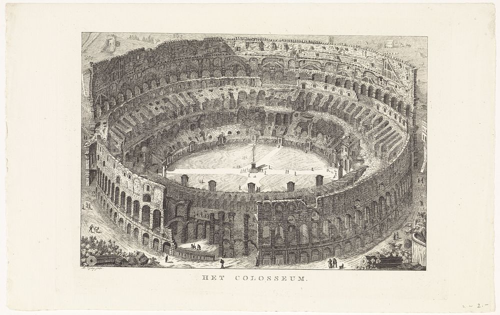Gezicht vanuit vogelperspectief op het Colosseum te Rome (1799) by Daniël Vrijdag