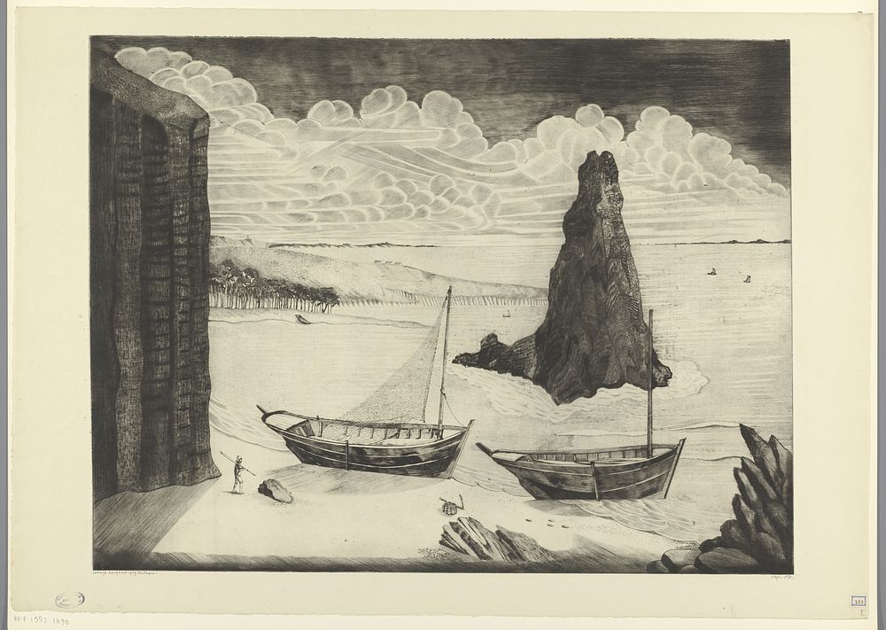 Twee afgemeerde schepen op een strand (1929) by Lodewijk Schelfhout and N V Roeloffzen and Hübner