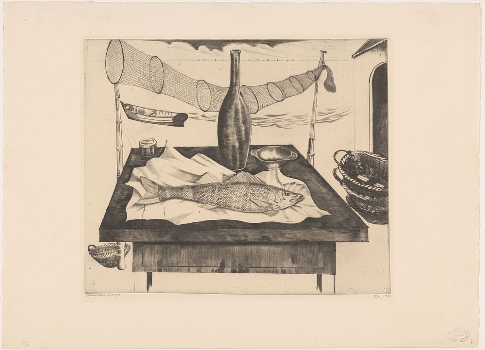 Stilleven met vis, fles en visnet (1930) by Lodewijk Schelfhout and N V Roeloffzen and Hübner