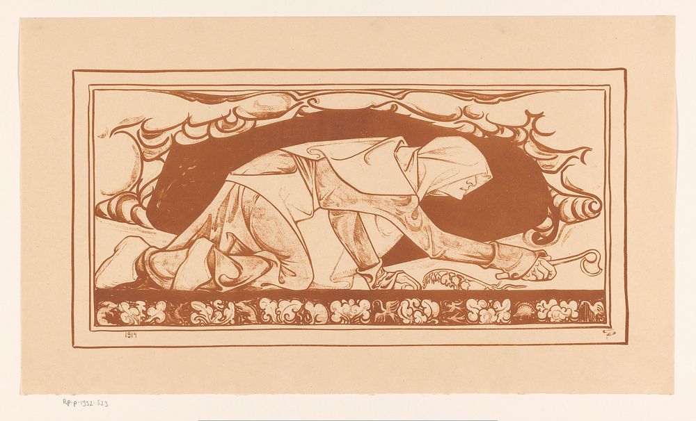 Man in monnikspij kruipend met schoffel (1914) by Jac Jongert