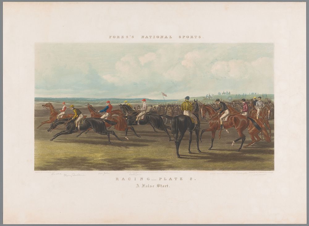 Valse start bij een paardenrace (1866) by John Harris, William Summers, John Frederick Herring I and George Thomas and…