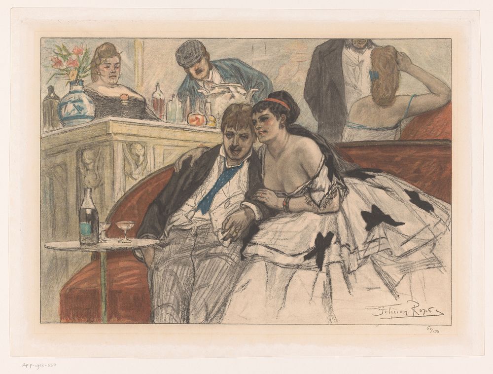 Man en vrouw zittend op een rode bank bij de bar van een theater (1864 - 1912) by Albert Bertrand and Félicien Rops