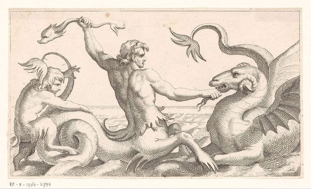 Triton in gevecht met een zeemonster (1628 - 1682) by Jean Lepautre and Adam Philippon