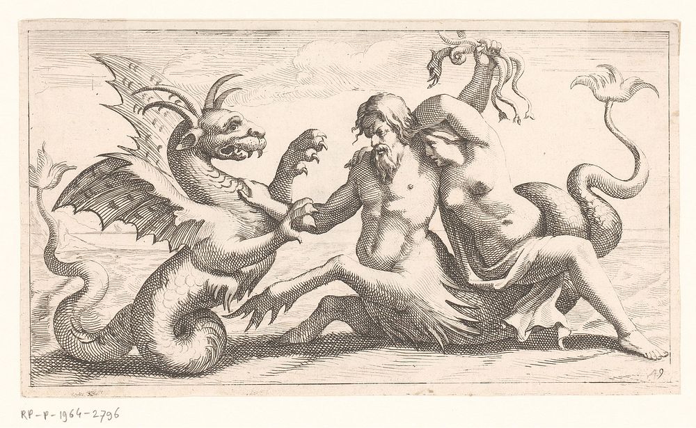 Triton met vrouw in gevecht met een zeemonster (1628 - 1682) by Jean Lepautre and Adam Philippon