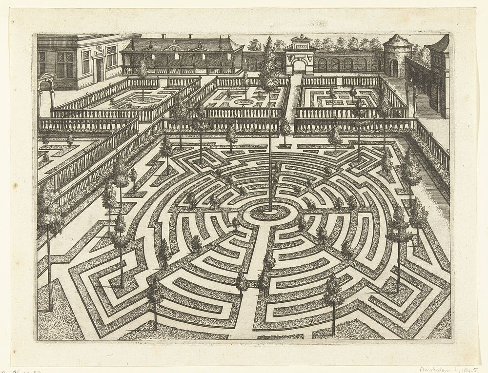 Tuin met grote ronde parterre en vier kleinere perken (c. 1587) by anonymous, Hans Vredeman de Vries and Philips Galle
