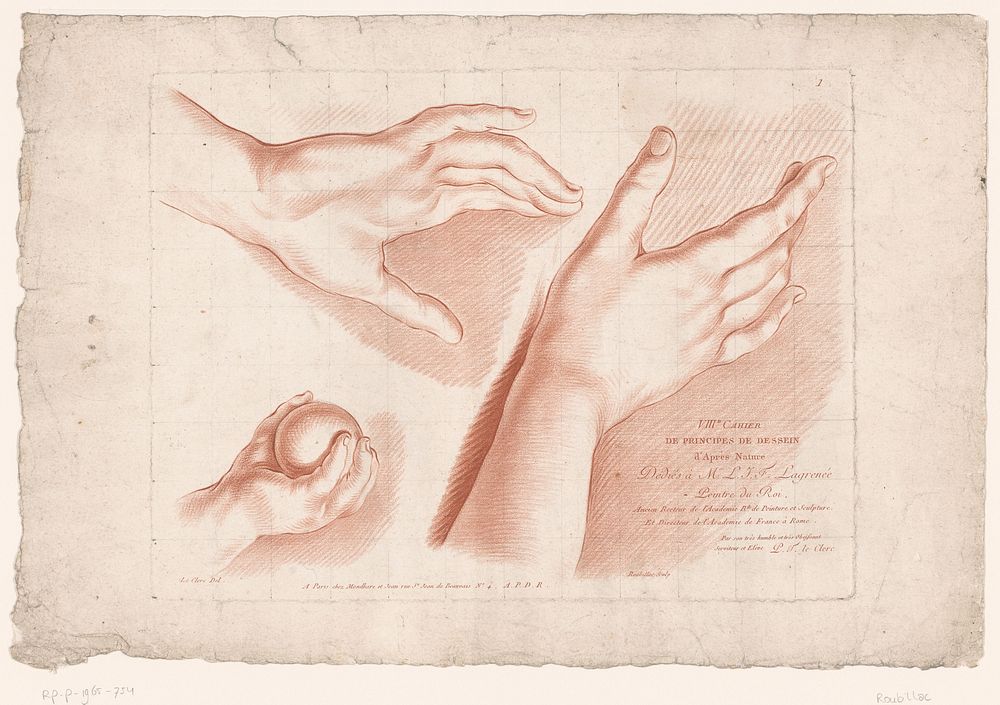 Titelprent met drie handen (1784 - 1796) by Roubillac, Pierre Thomas Le Clerc, Mondhare and Jean, Pierre Thomas Le Clerc…