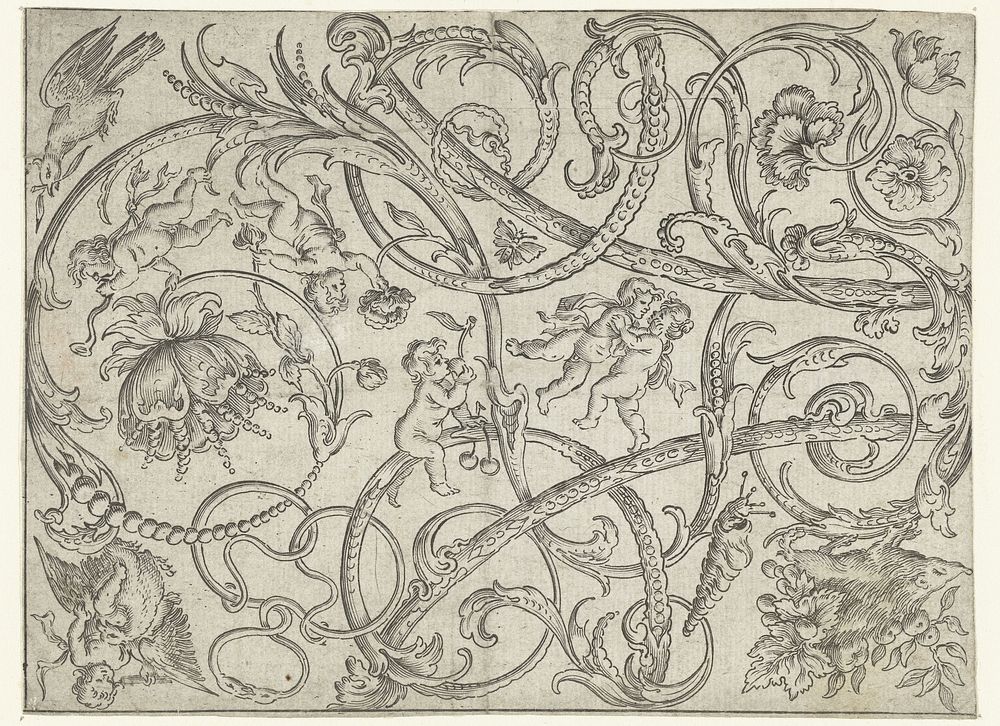 Paneel met bladranken, bloemen, vogels en spelende putti (c. 1660 - c. 1670) by anonymous, Jacob Frijberger and anonymous