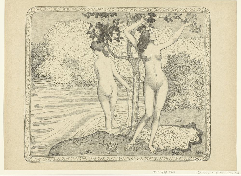 Twee badende vrouwen bij waterkant (1895) by Aristide Maillol, Aristide Maillol, L Epreuve and P Lemaire