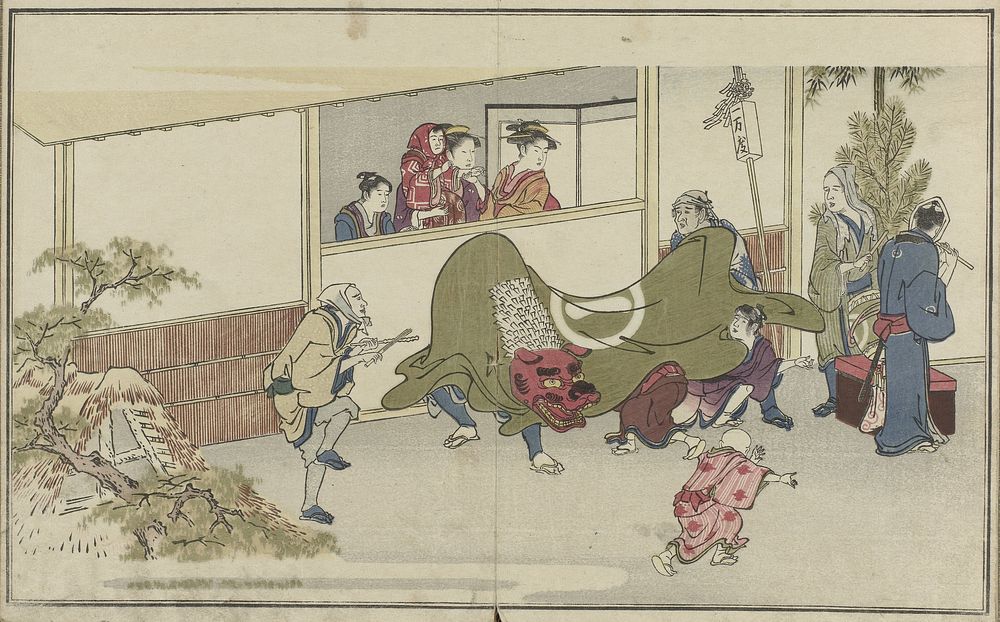 Leeuwendans (1790 - 1795) by Kitagawa Utamaro, Haikai Utaba, Ishikawa Masamochi and Tsutaya Juzaburo Koshodo