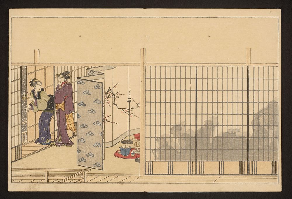 A party in a house with two women at left (1790) by Kitagawa Utamaro and Tsutaya Juzaburo Koshodo