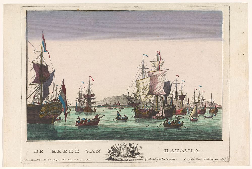 Gezicht op de haven te Batavia (1742 - 1801) by Georg Balthasar Probst, Georg Mathäus Probst, Mathias de Sallieth, Dirk de…