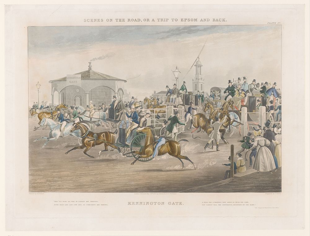 Gezicht op het tolhuis bij de drukke kruising tussen Kennington Park en Camberwell New Road (1838) by John Harris, James…