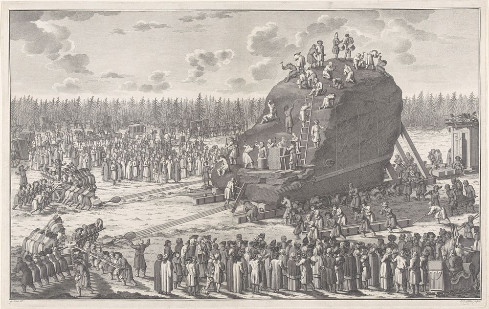 Verslepen van een rotsblok voor een beeld van tsaar Peter de Grote (1725 - 1779) by Jacob van der Schley and G Velten