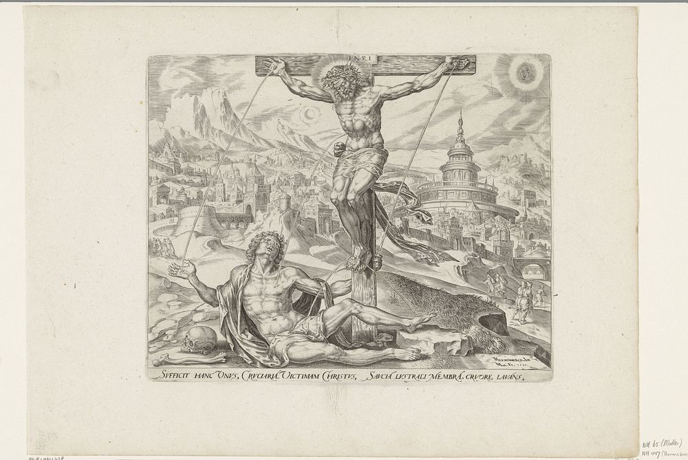 De gewonde Mens genezen door het bloed van Christus (1565) by Harmen Jansz Muller, Maarten van Heemskerck and Hadrianus…