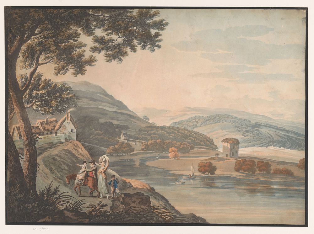 Heuvelachtig landschap met rivier en gezin met paard op een pad (c. 1770 - c. 1820) by anonymous and T Cartwright
