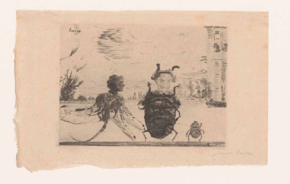 Twee insecten met het hoofd van James Ensor en een vrouw (1888) by James Ensor