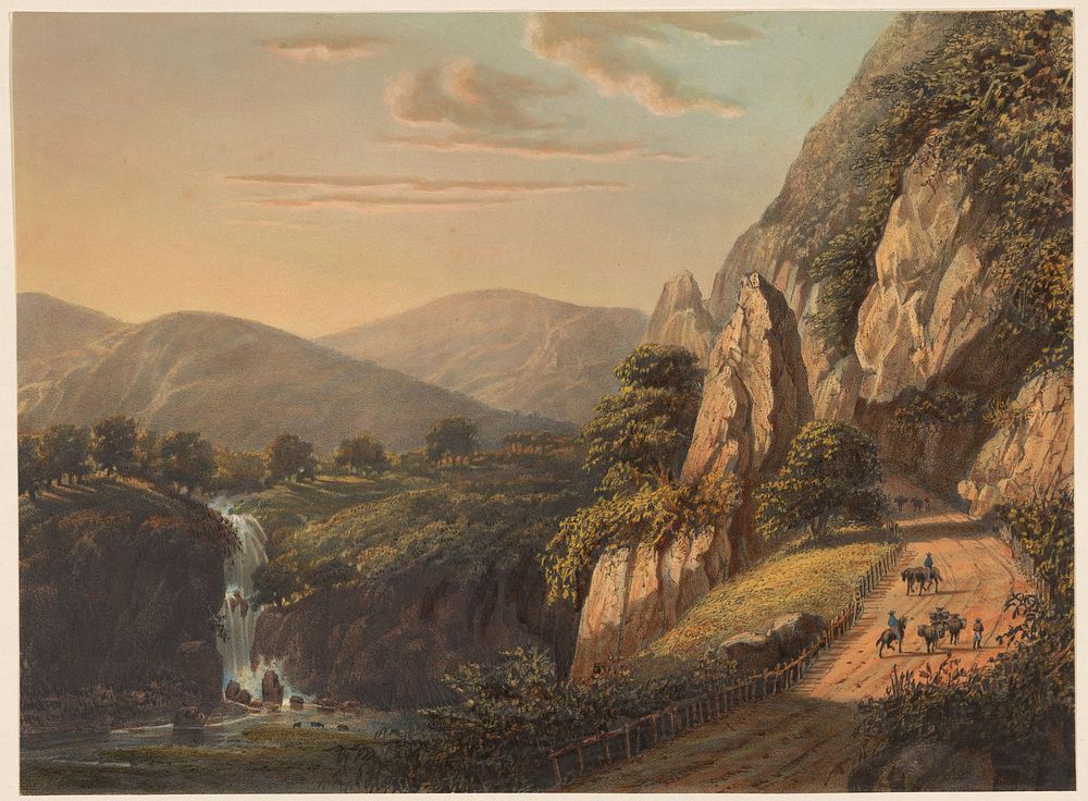 Gezicht op een waterval en landweg in Preanger op Java (1869) by Johan Conrad Greive, Abraham Salm and Frans Buffa en Zonen