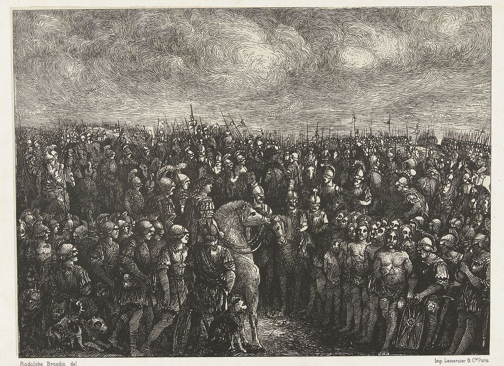 Julius Caesar met het Romeinse leger en gevangenen (1878) by Rodolphe Bresdin, Rodolphe Bresdin and Joseph Rose Lemercier