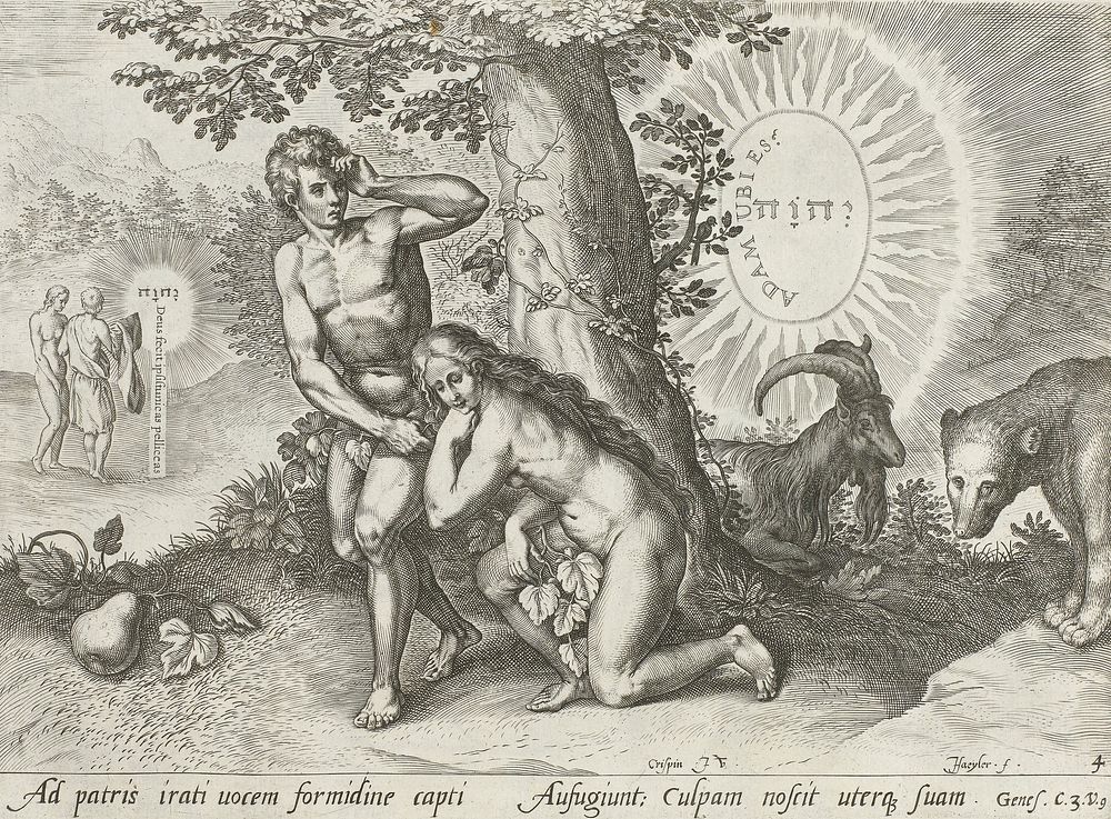 Adam en Eva verbergen zich voor God de Vader (1643) by Johann Sadeler I, Chrispijn van den Broeck and Claes Jansz Visscher II