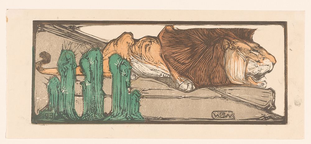 Liggende leeuw bij drie cactussen (1931) by Bernard Willem Wierink