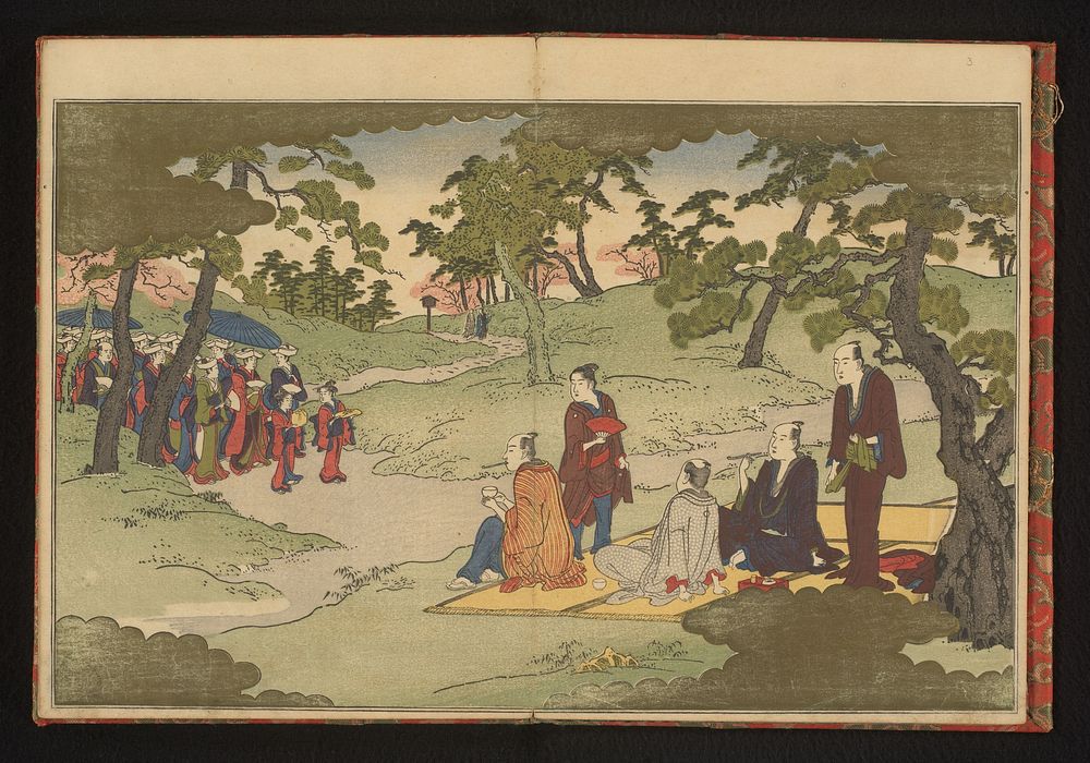 Picknicking and enjoying tea i nthe hills at Ueno, Edo (1790) by Kitagawa Utamaro and Tsutaya Juzaburo Koshodo