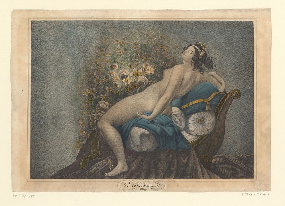 Vrouw op chaise longue met bloemen (1830 - 1860) by anonymous