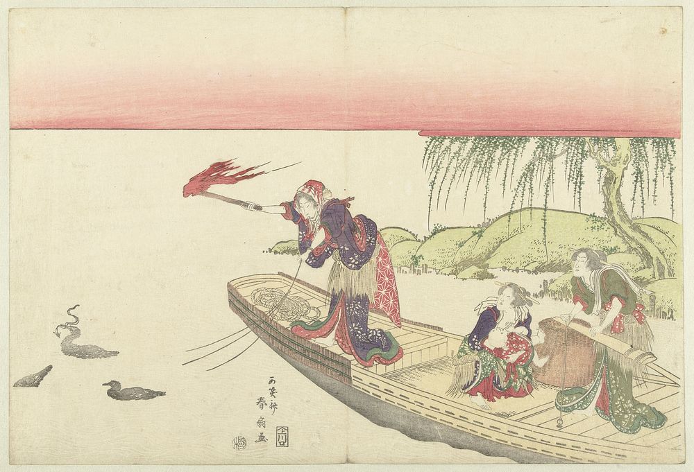Aalscholver vissen bij nacht (1800 - 1810) by Katsukawa Shunsen and Kawaguchiya Uhei