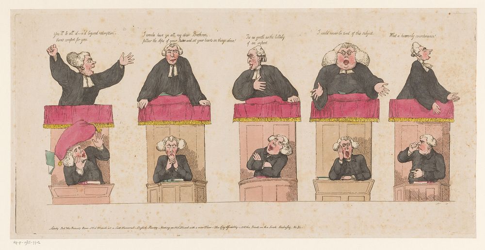 Vijf predikende geestelijken (1789) by anonymous, George Moutard Woodward and William Holland