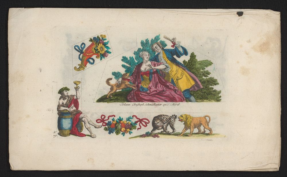 Man en vrouw met hond in een landschap (1735 - 1750) by anonymous and Joh Christoph Schmidhammer