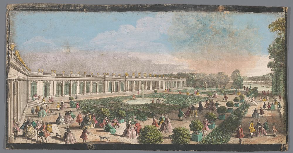 Gezicht op het Grand Trianon in de Tuin van Versailles (1700 - 1799) by anonymous, Jacques Rigaud and Lodewijk XV koning van…