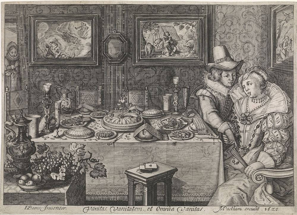 Young Couple Seated at a Lavishly Laden Table (1620) by Jacob Matham, David Vinckboons and Jacob Matham