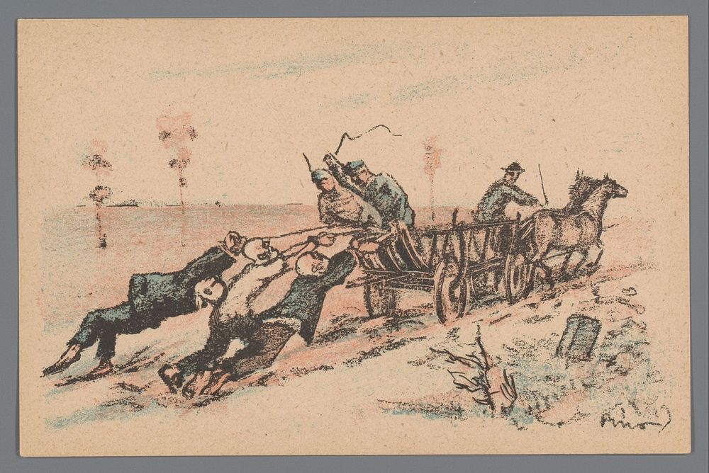 Mannen vastgebonden aan een rijdende wagen worden gegeseld door soldaten (1920) by Mihály Biró and Arbeiter Buchhandlung