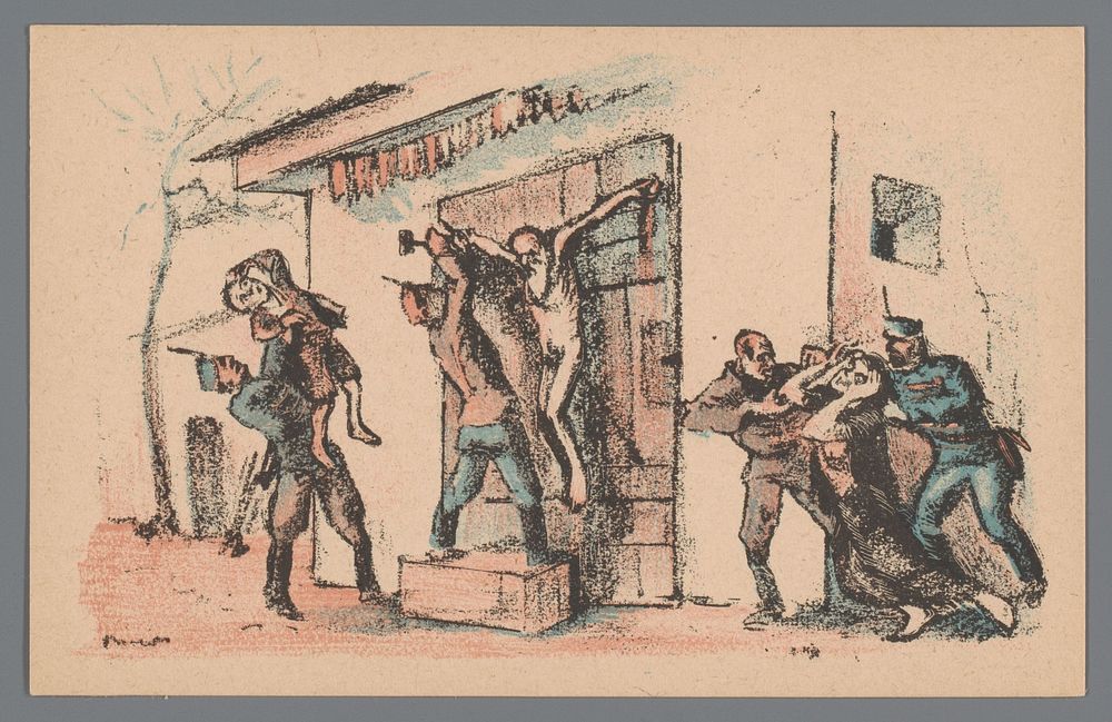 Naakte oude man aan een deur gespijkerd door soldaten die zijn familie dwingen te kijken (1920) by Mihály Biró and Arbeiter…