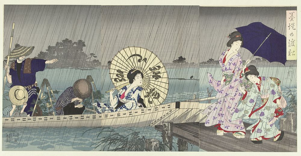 Het veer tussen de oevers van de Sumida (1895) by Toyohara Chikanobu and Morimoto Junzaburo