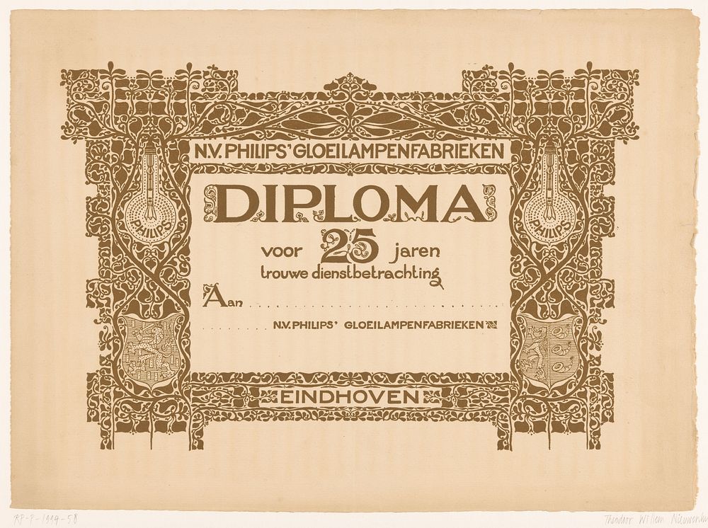 Diploma voor vijfentwintig jaar dienst bij Philips (1916) by Theo Nieuwenhuis